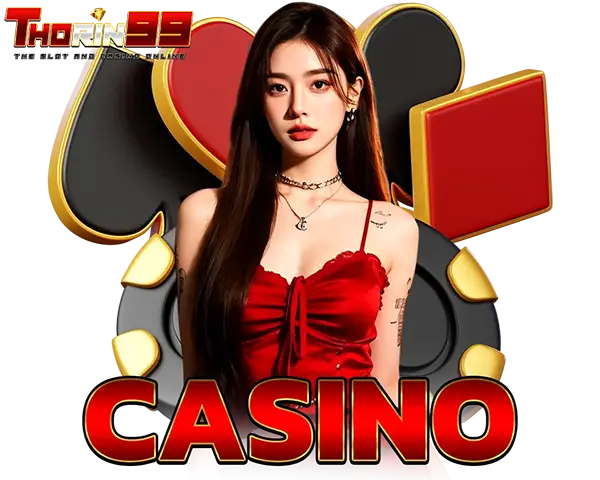 THORIN99 CASINO สาวสวยชุดแดง ล้อมด้วยไพ่และชิป